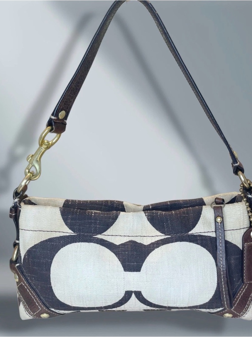 Coach Carly Cream and Brown Signature Canvas Shoulder Bag